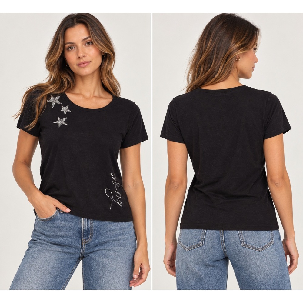 DKNY Womens Black Rhinestone Star Logo Graphic T-Shirt Y2K Style Size Large